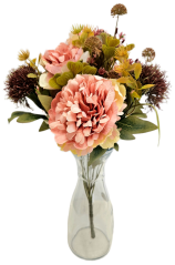 Gyönyörű műdália csokor és kiegészítők 46cm rózsaszín, barna, zöld