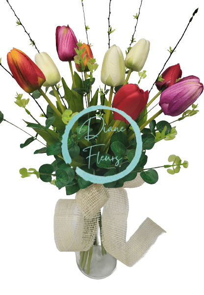Vázaná jarní kytice Exclusive tulipány, eukalyptus, doplňky 53cm umělá