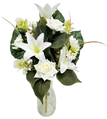 Buchet luxos de Trandafiri, Crini, Ciulin 56cm flori artificiale crem