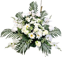 Díszített betontál fenyőből rózsák, százszorszépek, kardvirágok és kiegészítők 70cm x 40cm x 40cm AS1064