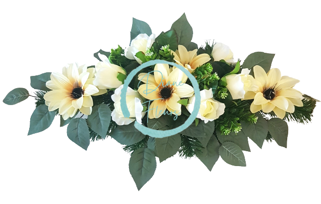 Smútočný aranžmán betonka umelé ruže, clematis & doplnky 55cm x 28cm x 17cm