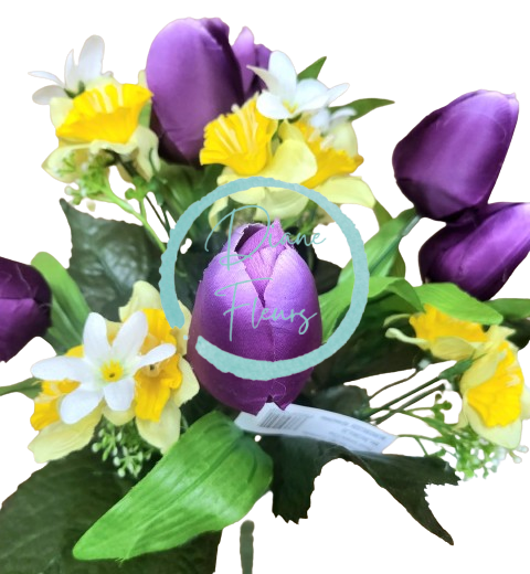 Tulipány a narcisy kytica umelá x12 33cm fialová, žltá