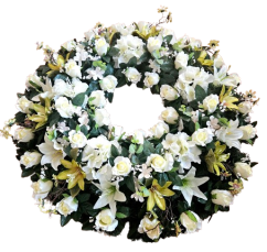 Coroana mare cu trandafiri, crini artificiali, hortensii și accesorii Ø 85cm