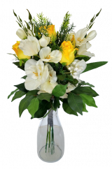 Csokor Exclusive rózsák, kardvirágok, kiegészítők 53cm művirág