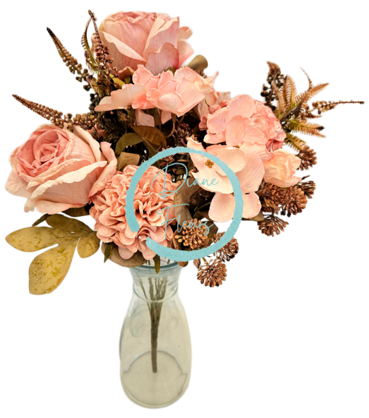 Изкуствен букет от рози, цинии и аксесоари 48 см розов