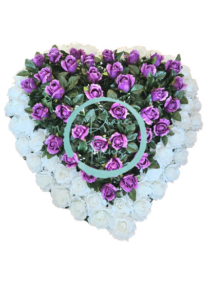 Smútočný veniec "Srdce" z umelých ruží 80cm x 80cm fialová, biela