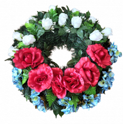Nagrobni venec z umetnimi vrtnicami in hortenzijami O 65cm bela, zelena, modra