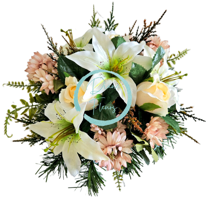 Dekorácia aranžmán z umelých kvetov, ľalie, ruže, chryzantémy a  doplnky 28cm x 20cm AS1071