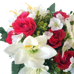 Bukiet róż i lilii x13 czerwony i kremowy 32cm sztuczny