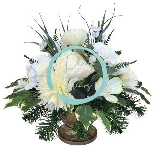 Smútočný aranžmán betonka exclusive umelá chryzantéma, peonia pivonka, karafiát, alstroméria a doplnky Ø 45cm x 35cm