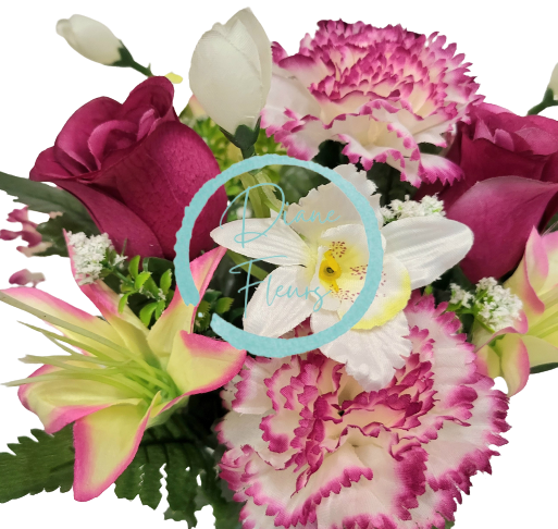 Buchet de trandafiri, garoafe, crini si orhidee x13 33cm burgundia, verde, crem flori artificiale