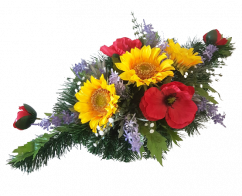 Trauergesteck aus künstliche Sonnenblumen, Mohnblumen, Lavendel und Zubehör 60cm x 30cm x 23cm