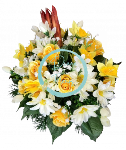 Sympathy arrangement made of artificial Roses, Marguerites and Accessories 30cm x 25cm