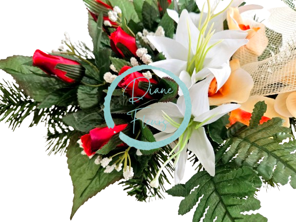Aranjament pentru cimitir de orhidee artificiale, crini si accesorii 60cm x 28cm x 20cm