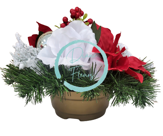 Smuteční aranžmán betonka umělé růže, poinsettia vánoční hvězda, bobule, vánoční koule a doplňky 28cm x 20cm
