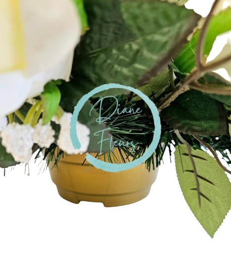 Smútočný aranžmán betonka umelé karafiáty, ruže, hortenzie, orchidea a doplnky 70cm x 50cm x 45cm