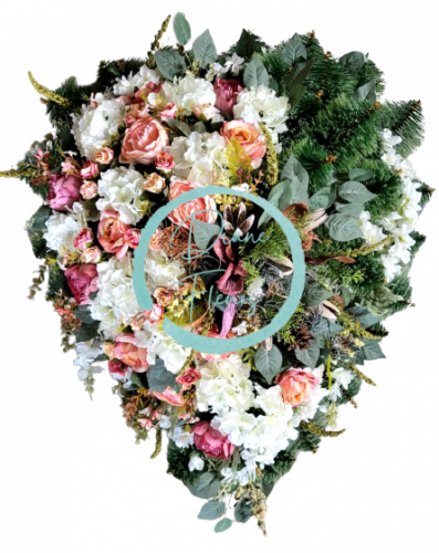 Luxusný smútočný veniec borovicový exclusive peonie pivonky, hortenzie, ruže a doplnky 100cm x 80cm