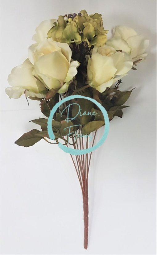 Ruže & Hortenzia kytica "9" kremová 45cm umelá