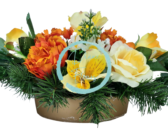 Aranžmán betonka umělé růže, pivoňky, alstromerie a doplňky 58cm x 30cm x 22cm AS565