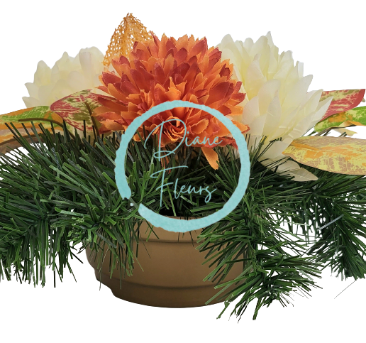 Smútočný aranžmán betonka umelé chryzantémy a doplnky 34cm x 17cm