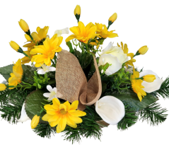 Sympathy arrangement made of artificial Marguerites Daisies, Calla Lilies and Accessories 50cm x 28cm x 25cm