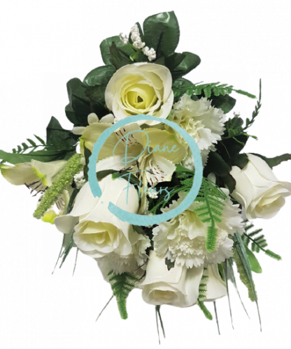 Šopek vrtnic, alstroemerij in nageljnov x18 beli 50cm umetni