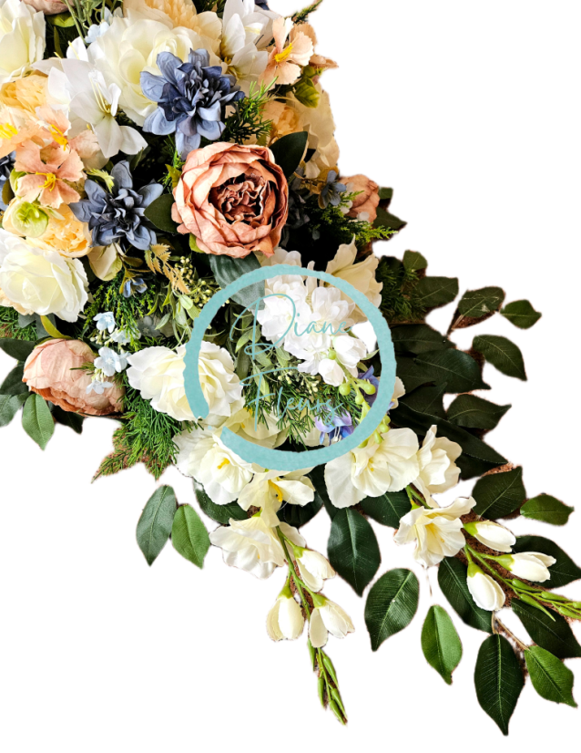 Großes Trauergesteck Exclusive aus künstliche Pfingstrosen, Rosen, Delphinium und Accessoires 135cm x 50cm x 35cm AS1017-BPC