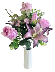 Artificial Roses & Lilies Flowers Bouquet x12 48cm Purple