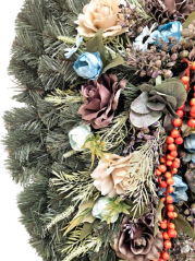 Pogrebni venec "Solza" vrtnice, krizanteme, potonike, lilije, gladiole in dodatki 120cm x 60cm