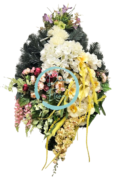 Smútočný veniec "Slza" umelé hortenzie, pivonky, chryzantémy, orchidey a doplnky 100cm x 55cm