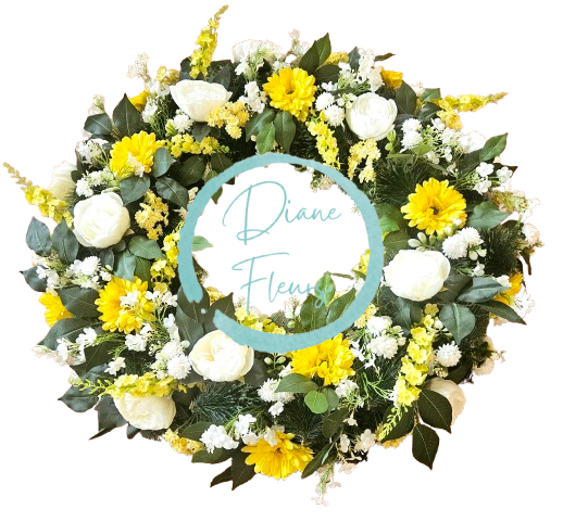 Luxusný smútočný veniec borovicový exclusive peonie pivonky, gerbery a doplnky Ø 90cm