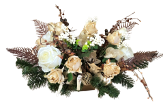 Smuteční aranžmán betonka umělé růže, kapradina, bobule, vánoční koule a doplňky 75cm x 50cm x 38cm