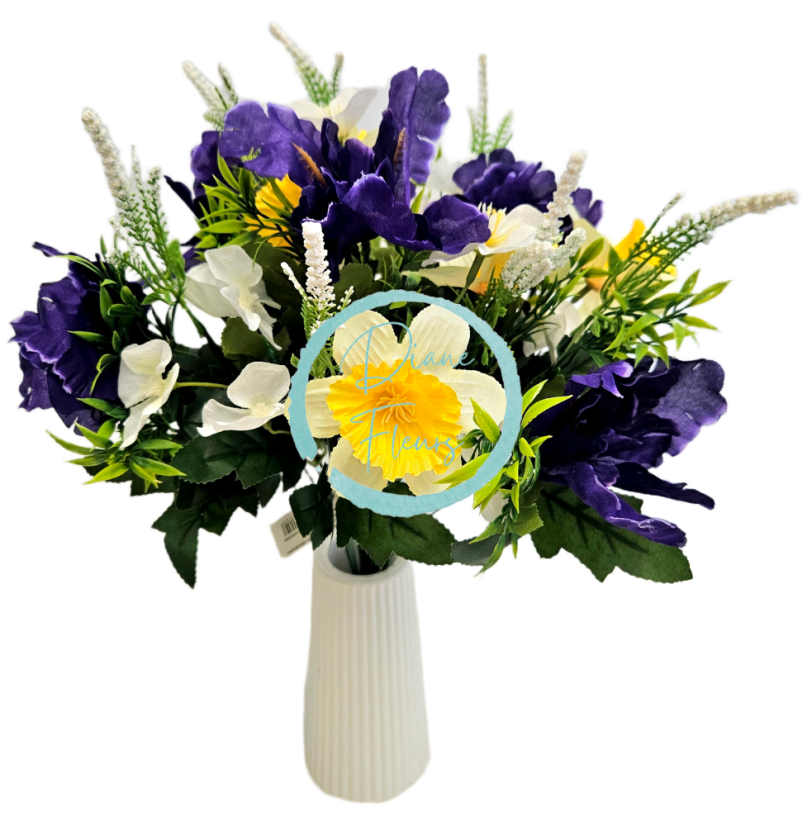 Artificial Narcissus, Iris bouquet 44cm Yellow, Purple, Cream