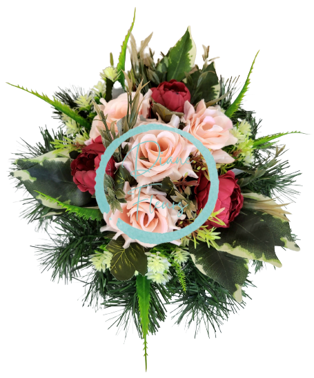 Траурна аранжировка от бетон, изкуствени божури, рози и аксесоари 30см x 18см AS553