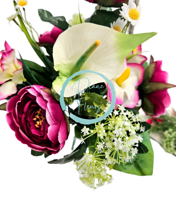 Mazzo artificiale di peonia, alstroemeria, calla e accessori 42 cm bordeaux