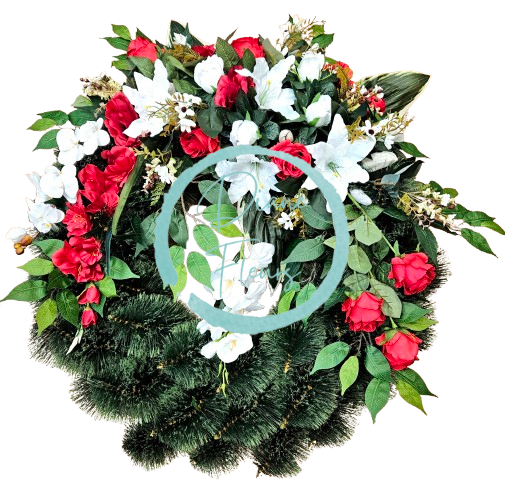 Luxusný smútočný veniec borovicový exclusive ruže, gladioly, ľalie a doplnky 90cm