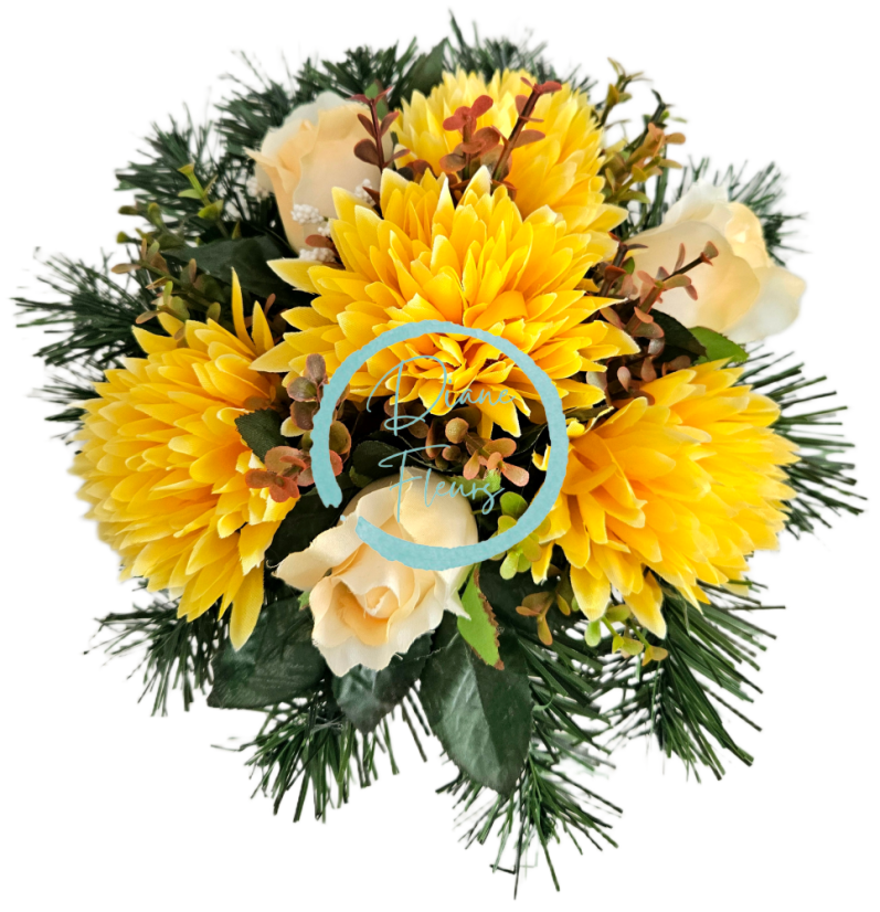 Kompozycja pogrzebowa sztuczne chryzantemy, róże i dodatki 28cm x 18cm AS1088