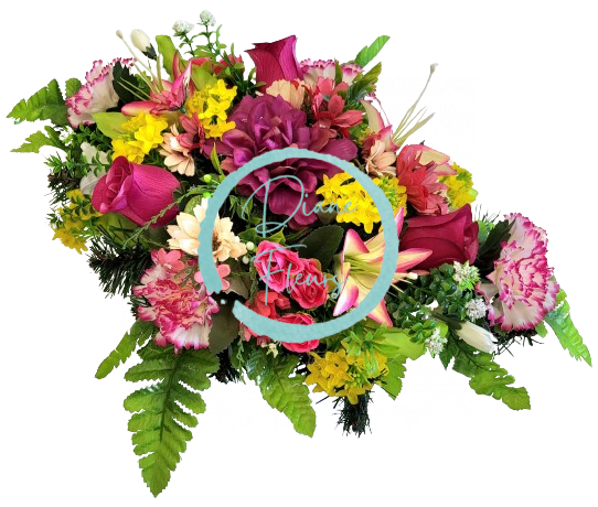 Žalobni aranžman umjetna dalija, ruže, ljiljani, karanfili i dodaci 55cm x 40cm x 20cm
