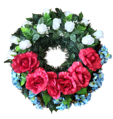 Wianek żałobny ze sztucznymi różami i z hortensjami 65cm biały, zielony, niebieski