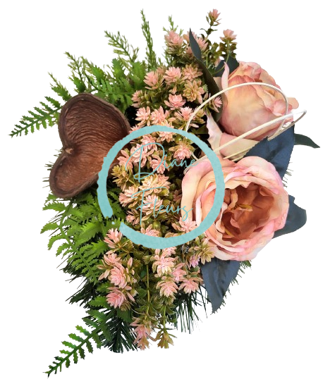 Composizione funebre in cemento con peonie artificiali, sedum e accessori 33 cm x 22 cm x 17 cm AS754