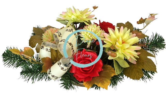 Kompozycja żałobna sztuczne chryzantemy, róże i dodatki 48cm x 28cm x 20cm