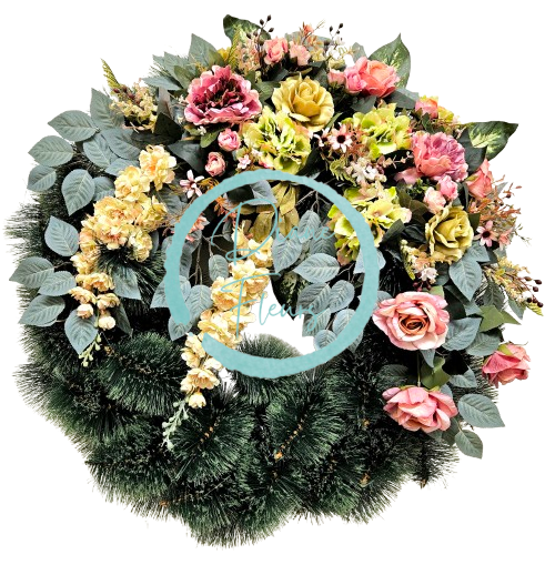 Luxusný smútočný veniec borovicový exclusive pivonky, ruže, delphinium ostrôžka, hortenzie a doplnky 90cm