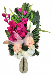 Artificial funeral hand bouquet of gladiolus, calla, hydrangea, peonies and accessories 73cm x 35cm