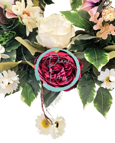 Veniec umelé ruže, pivonky, margaréty, clematis a doplnky 50cm