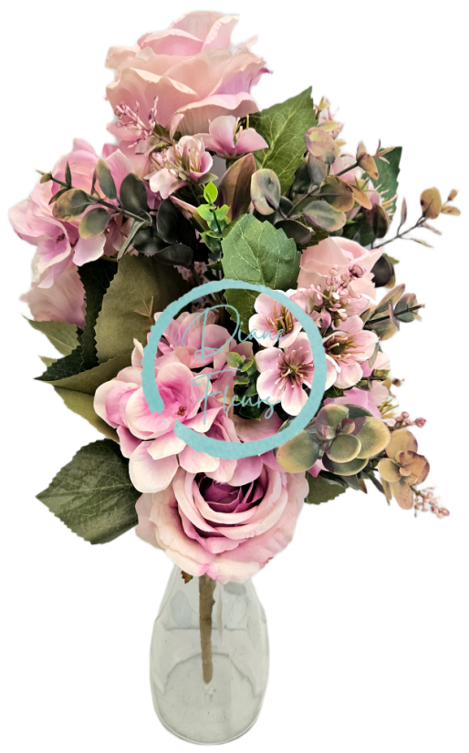 Exclusive umelá kytica ležatá Ruže, Hortenzie a doplnky 52cm x 30cm ružová