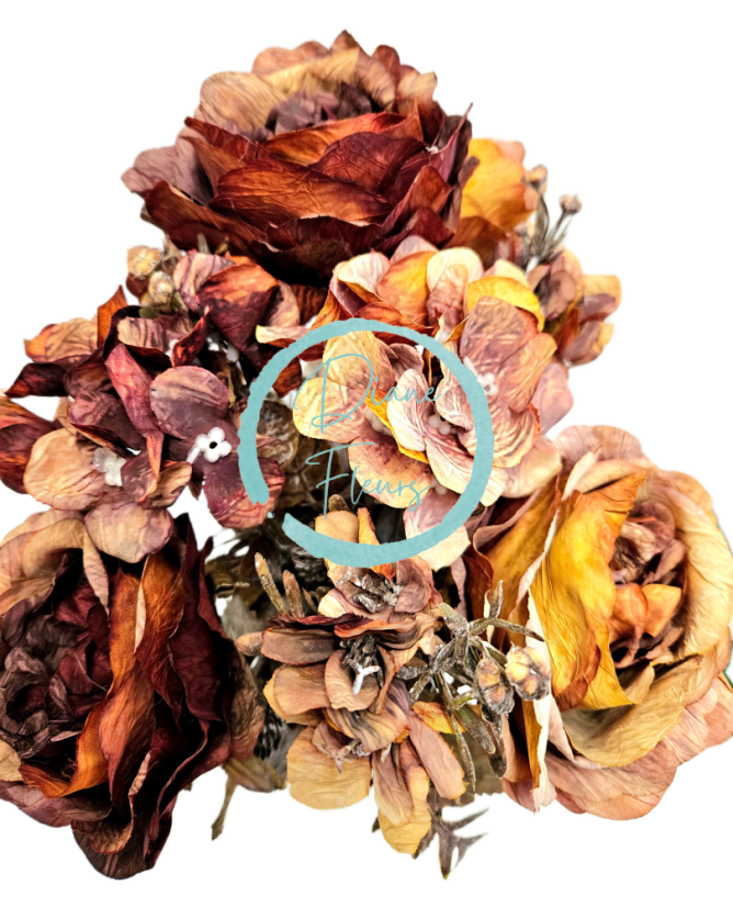 Artificial Roses & Hydrangea Bouquet 48cm Brown