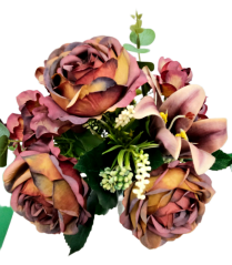 Künstlicher Strauß Pfingstrosen, Lilien, Hortensien und Zubehör 46cm Braun