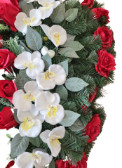 Wianek żałobny „Łza” ze sztucznych róż i storczyków 100cm x 65cm