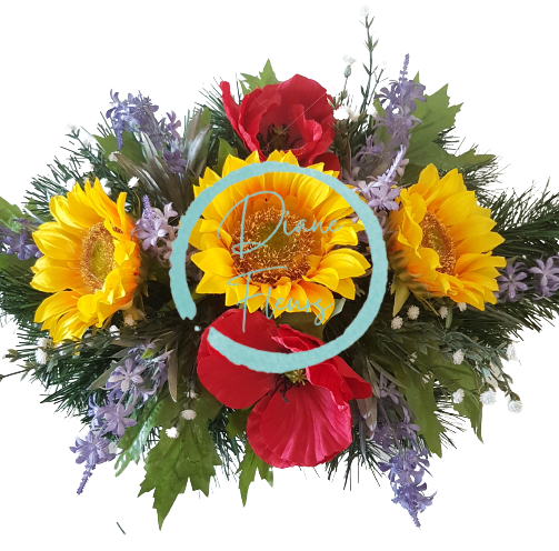 Smútočný aranžmán betonka exclusive umelé slnečnice, vlčí mak, levanduľa & doplnky 60cm x 30cm x 23cm