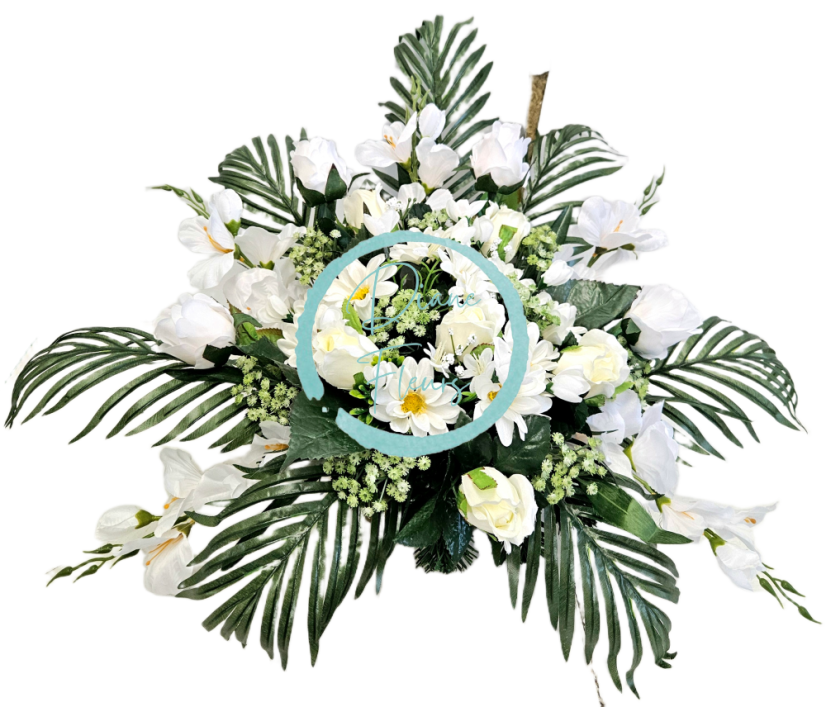 Sympathy Arrangement made of artificial Roses, Marguerites, Gladiolus and accessories 70cm x 40cm x 40cm